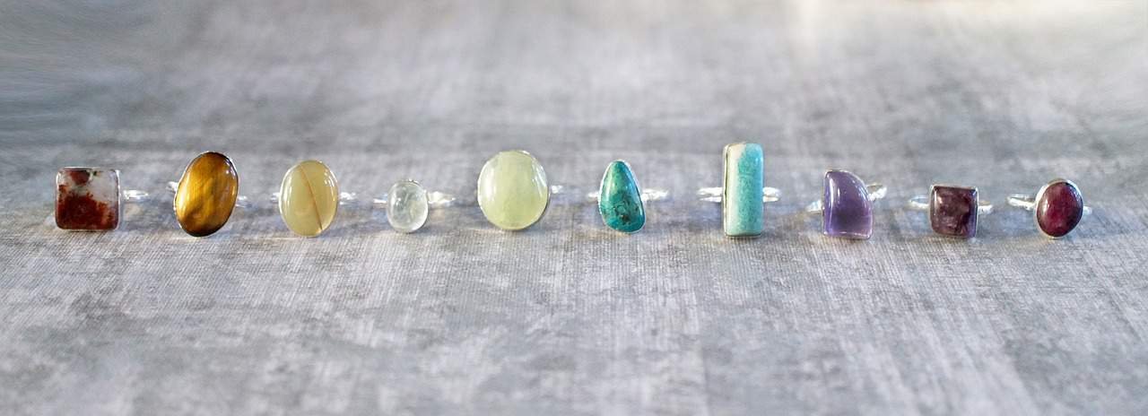 A line up of different Gem Stone Rings