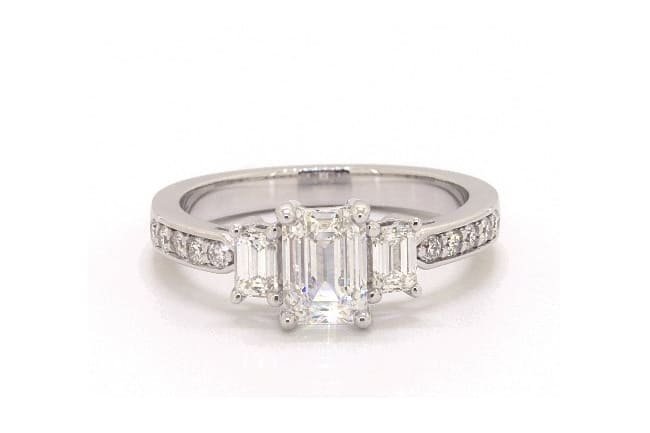 Three Stone Emerald And Pavé Set Lab Diamond Engagement Ring