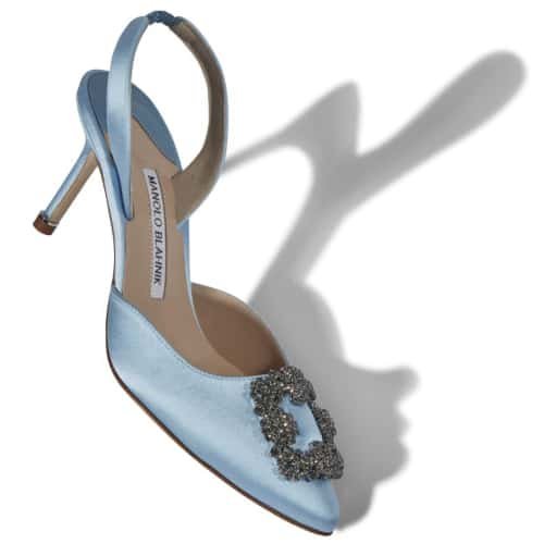 Light Blue Satin Jewel Buckle Slingback Pumps
